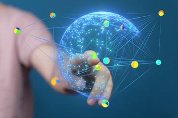 Abstract image of hand interacting with a digital global network.  Perfect for tech, data, and...