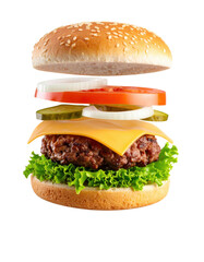 A juicy cheeseburger with lettuce, tomato, pickles, onions, cheddar cheese, and a sesame seed bun, shown in a layered, floating style.