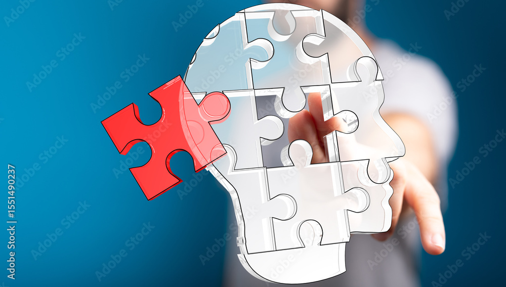 Poster conceptual image of a person solving a puzzle representing the human mind. perfect for psychology, p