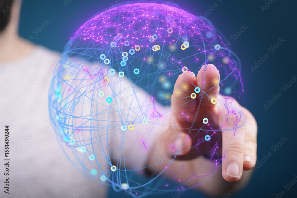Poster hand interacting with a digital globe, representing global network and connection technology.