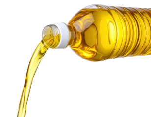 A plastic bottle pouring golden cooking oil in a smooth stream.