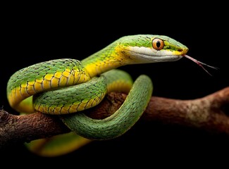 A green and yellow snake coiled on a tree branch with its tongue out, isolated against a black background.
