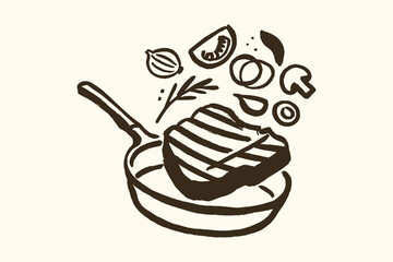 Steak in frying pan naive bold ink sketch vector illustration