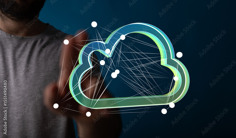 Poster digital cloud network connection, data storage, and technology concept.