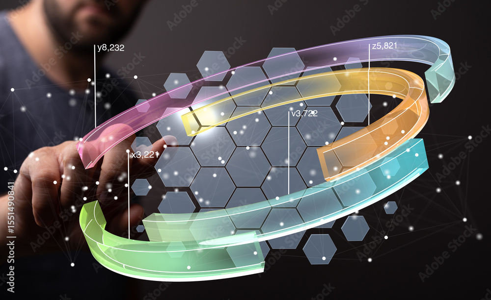 Poster Close-up of a hand interacting with a futuristic holographic graph showcasing data points and growth.