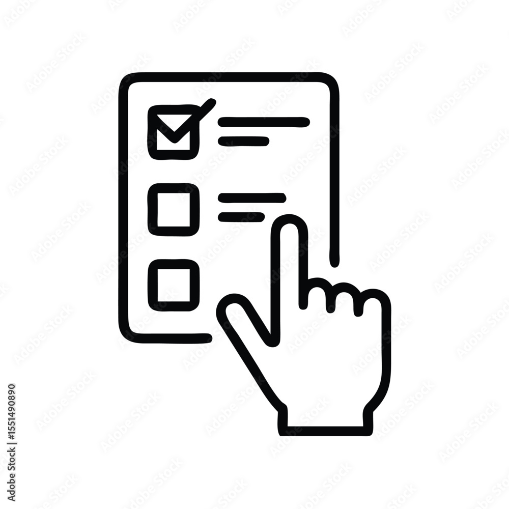 Poster online survey form with checklist and hand clicking icon for user interface and user experience desi