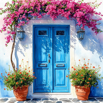 Fototapeta The classic blue door of the houses of Santorini island. Watercolor illustration. White houses, lush potted flowers and stone steps. The theme of holidays, travel, holidays in Greece