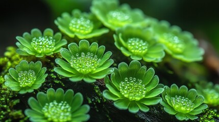 Tiny green flowers with water droplets