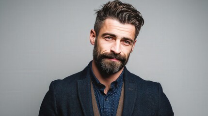 Fototapeta premium Confident Man with Stylish Beard and Hair Posing Against a Neutral Background