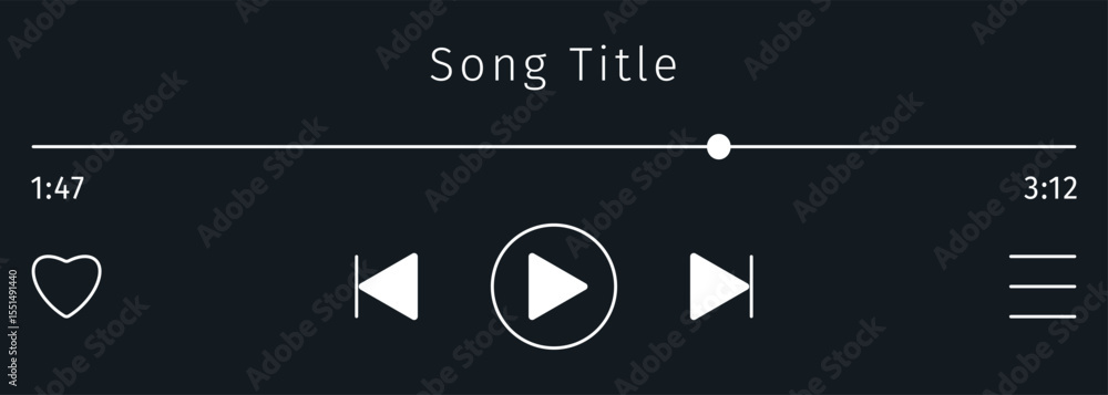Poster black music or video play bar icon. audio media player for songs or podcast playlist with song title