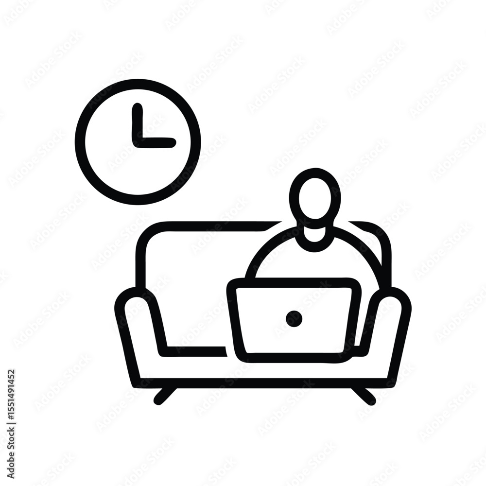 Poster remote work productivity tips time management working from home on sofa with laptop and clock icon v