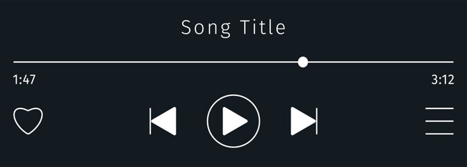 Black Music or video play bar icon. Audio media player for songs or podcast playlist with Song Title text. Control Button. Dark theme. Editable stroke. Simple mini display.