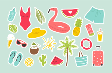 Summer stickers set. Hand drawn icons elements for summertime season, vacation, holiday at tropical resort. Beach element flat style for poster banner card.