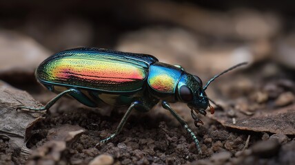 Fototapeta premium A vibrant beetle with reflective colors explores the ground littered with dry leaves.