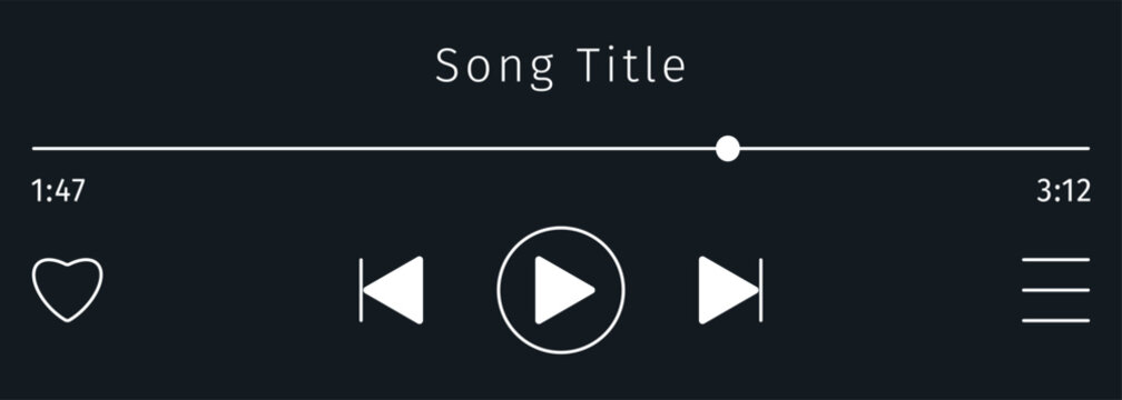 Black Music or video play bar icon. Audio media player for songs or podcast playlist with Song Title text. Control Button. Dark theme. Editable stroke. Simple mini display.