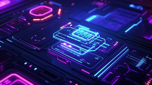 Futuristic circuit board animation with neon lights, data flow and technology connections creating