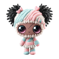 A cute wrapped mummy doll with pigtails, pink and blue wool aesthetic, pink eyes, scar