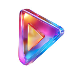 Holographic 3D play button icon design featuring vibrant iridescent colors and a modern, shiny appearance. isolated on a white background
