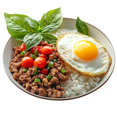 Holy basil rice and fried egg, Minced pork with basil isolated on a white background