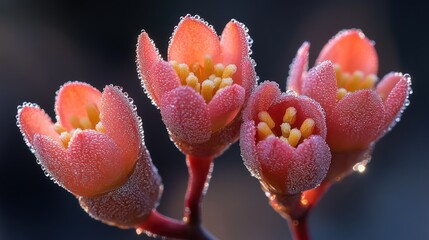 Close-up of delicate pinkish-orange flower buds covered in frost