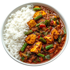 Home made south indian spicy non veg meal combo for one with white rice chicken curry isolated on a white background