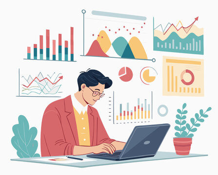 vector of a data analyst or statistician analyzing charts on laptop, graphs floating around, clean style on white
