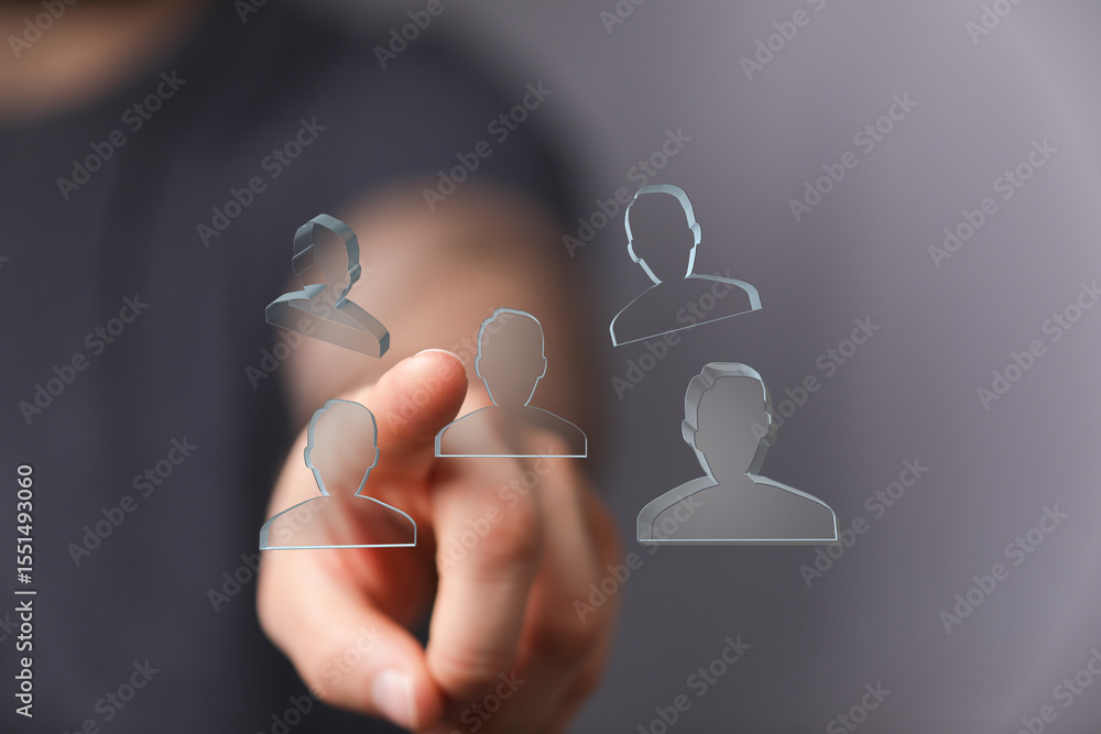 Poster hand points to a digital profile, choosing a team member. ideal for teamwork, networking, or hr conc