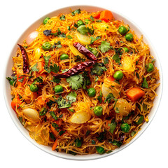 Homemade healthy delicious vermicelli semiya uppittu upma semolina with onion, peas, carrot, curry leaves, dry chilli on a white bowl isolated on a white background
