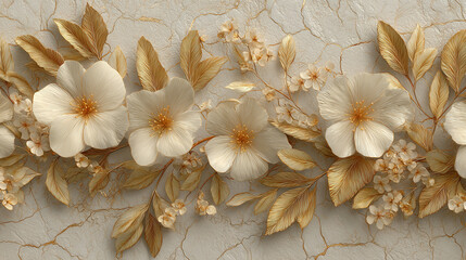 Elegant golden floral wallpaper design featuring intricate leaves and flowers on a soothing beige backdrop for stylish interiors