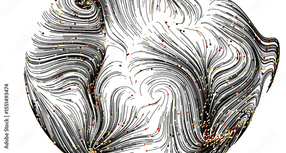 Poster Artistic swirl pattern with black lines and colorful dots. Great for backgrounds or design elements.