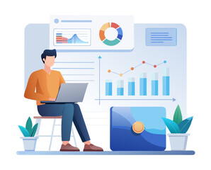 vector of a data analyst or statistician analyzing charts on laptop, graphs floating around, clean style on white
