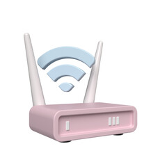 Cute pink 3d wifi router with antennas and signal waves on black background