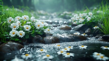 Stream lined with flowers in forest