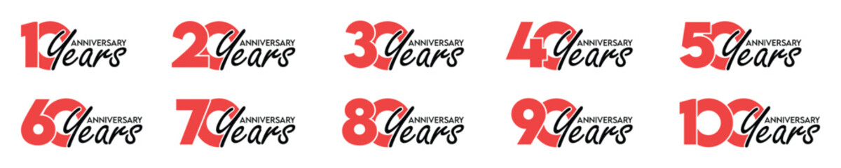 Flat Anniversary Celebration Years from 10 to 100 Vector Set