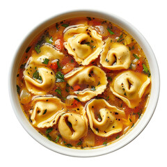 Homemade Tortellini in Brodo, A Comforting Bowl of Italian Broth Filled with Delicate Pasta Parcels, Perfect for Cozy Evenings isolated on a white background
