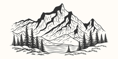 black and white line art of mountains and pine trees, landscape outdoor scene vector illustration	
