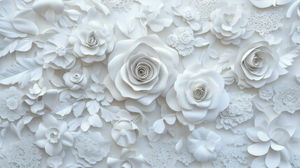 Elegant wall mural featuring intricate white roses and delicate lace design for modern interior decor