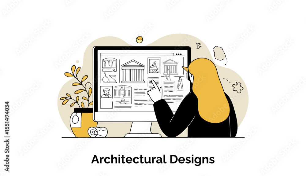 Poster female architect reviewing architectural designs on a computer screen in a modern workspace. woman i
