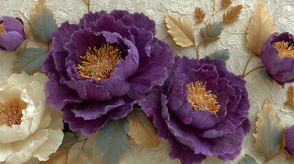 Elegant 3D wallpaper design featuring golden leaves and lush purple and white peonies in a luxurious soft-colored atmosphere
