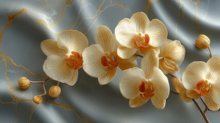 Elegant golden orchids bloom gracefully against a serene grey backdrop, bringing a touch of nature's beauty indoors