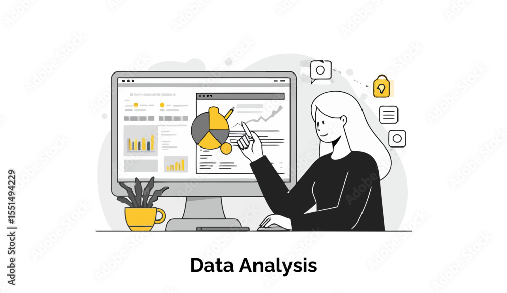 Poster female data analyst in casual attire presenting data analysis on a computer screen in a modern offic
