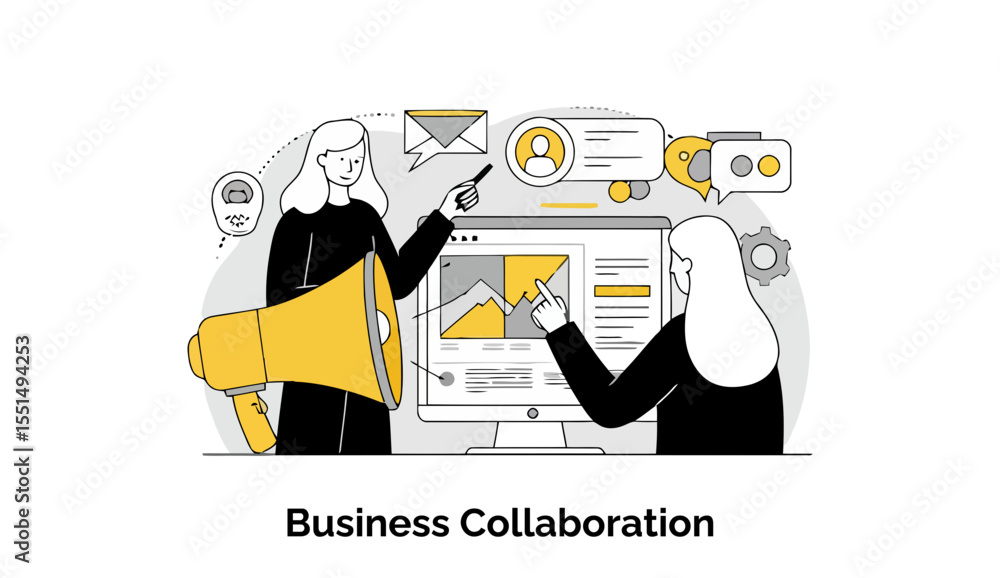 Poster female business professionals in black attire collaborating on a computer monitor displaying busines