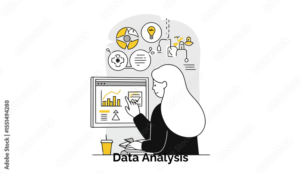 Poster female data analyst in business casual attire interacting with data visualization on a computer moni