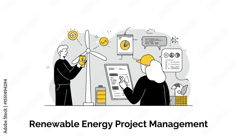 Poster renewable energy project management team working with wind turbine and data analysis in a modern off