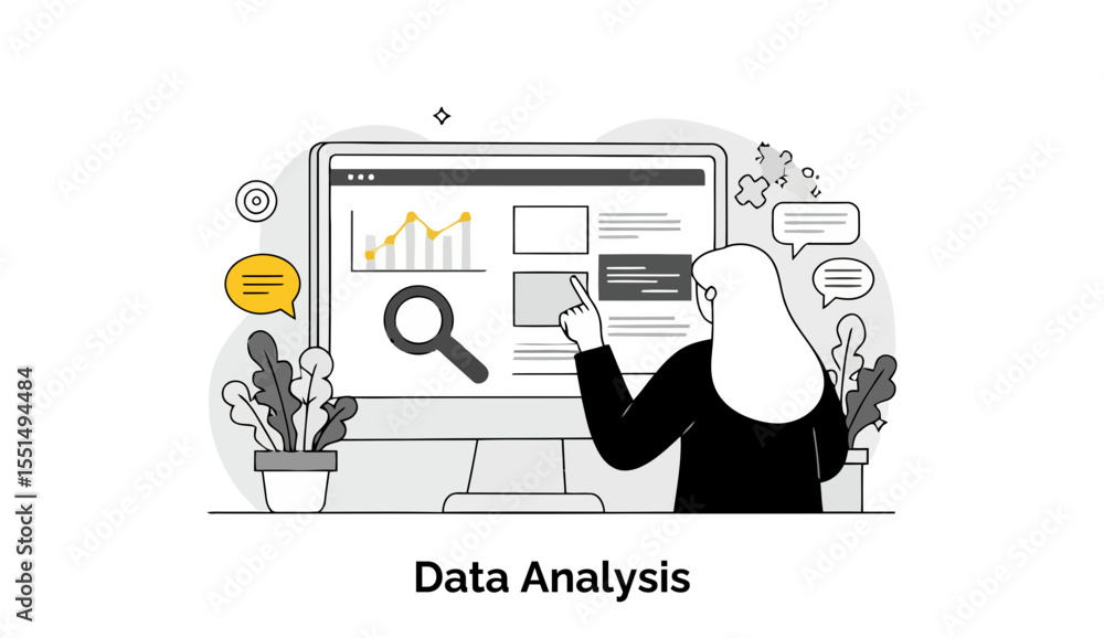 Poster female data analyst reviewing data on a computer screen in an office setting. analyzing information 