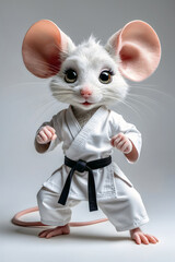 Adorable anthropomorphic mouse dressed in white karate gi performing martial arts pose on grey background