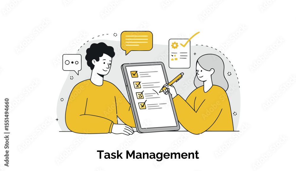 Poster young adults in casual wear collaborating on task management using a tablet in a modern office setti