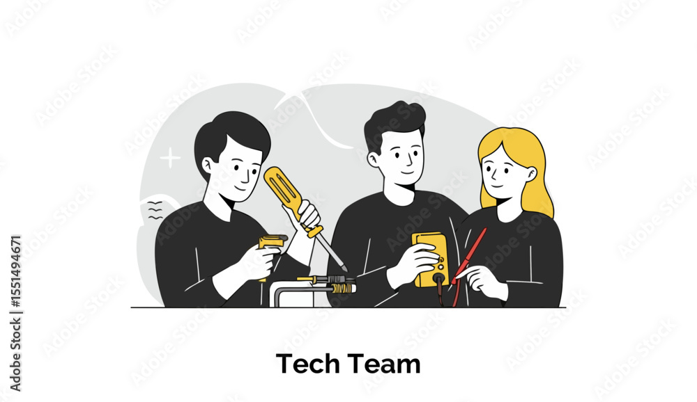 Poster tech team collaborating on project in modern setting. diverse group working with tools and equipment