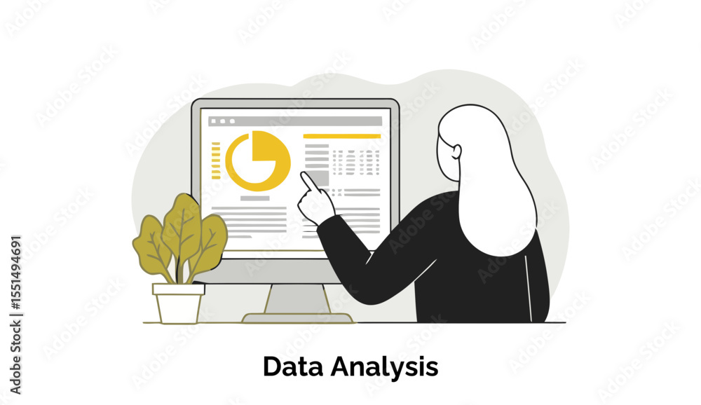 Poster female data analyst in business attire examining data on a computer screen in an office setting. you