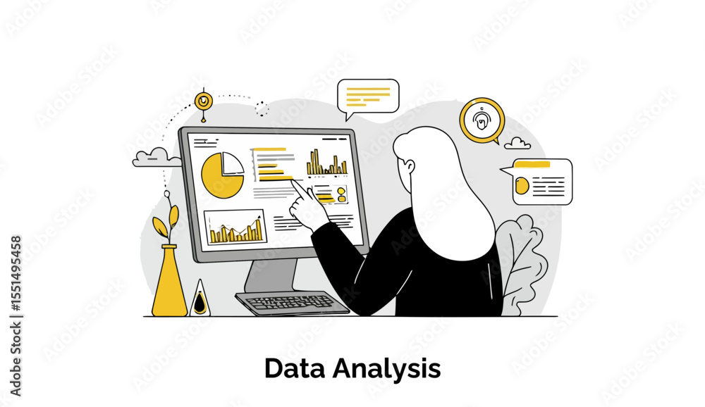 Poster female data analyst reviewing data visualizations on computer screen in modern office setting. focus